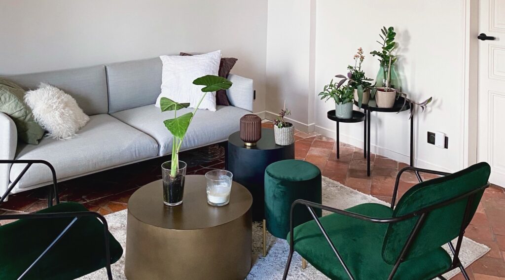 salon cosy avec plantes et fauteuils velours d'un appartement ergonomique