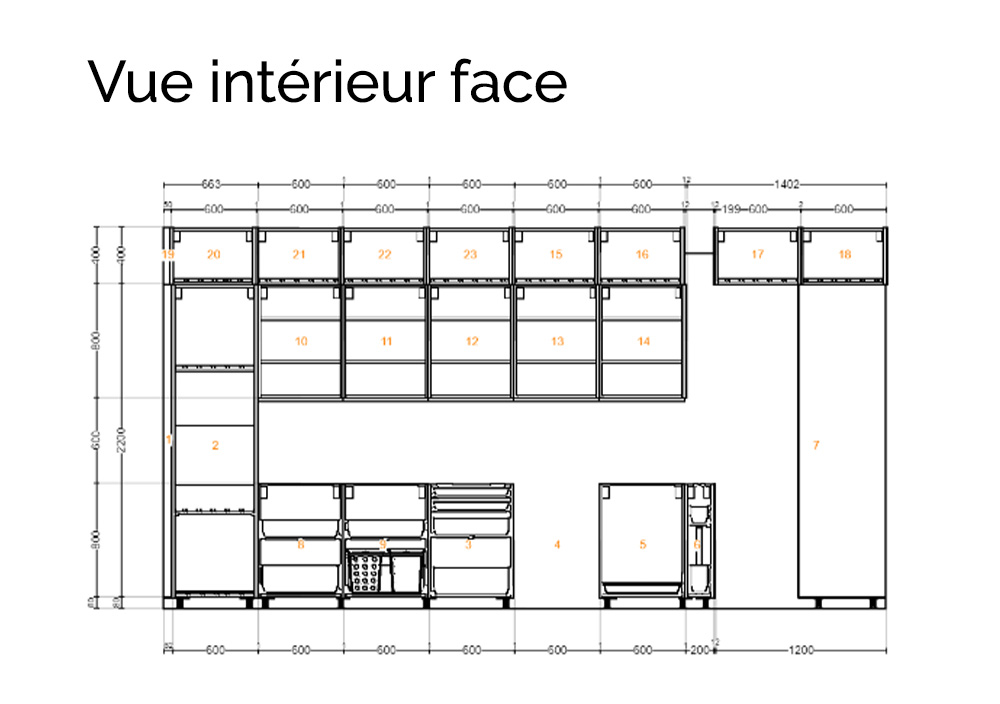 Plan de la cuisine Ikea avec des façades Bocklip vue intérieure face