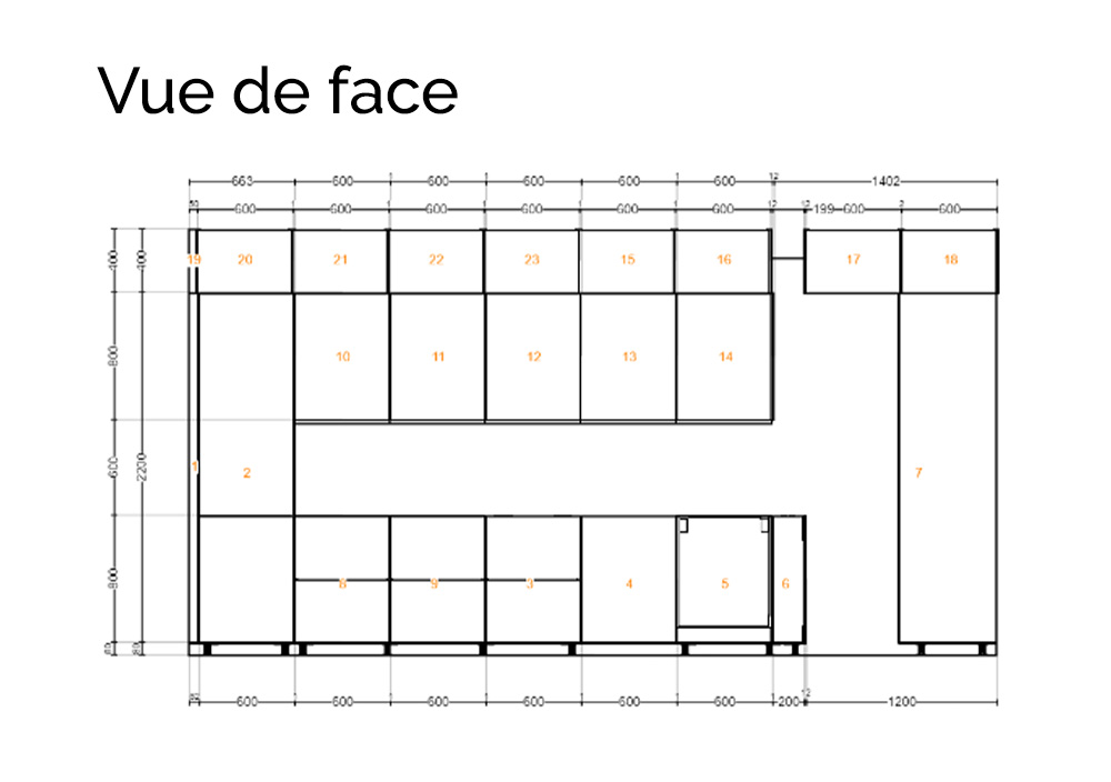 Plan de la cuisine Ikea avec des façades Bocklip vue de face