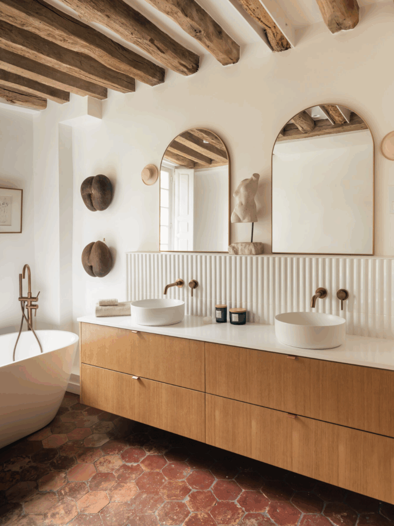 Salle de bain renovée parentale avec meuble Bocklip en chêne naturel, double vasque ronde, robinetterie murale en laiton brossé, miroir arrondi et sol en tomette ancienne.